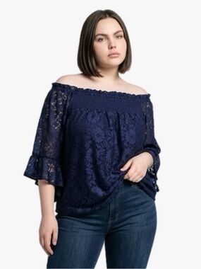 NWT Cato Navy Blue Lace Off-Shoulder Ruffle Sleeve Top Womens Size XL